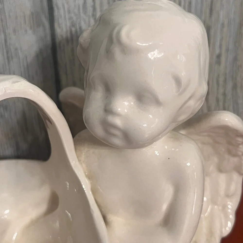 Vintage Ceramic Cherub Angel Figurine Planter Basket Trinket Dish Cream White